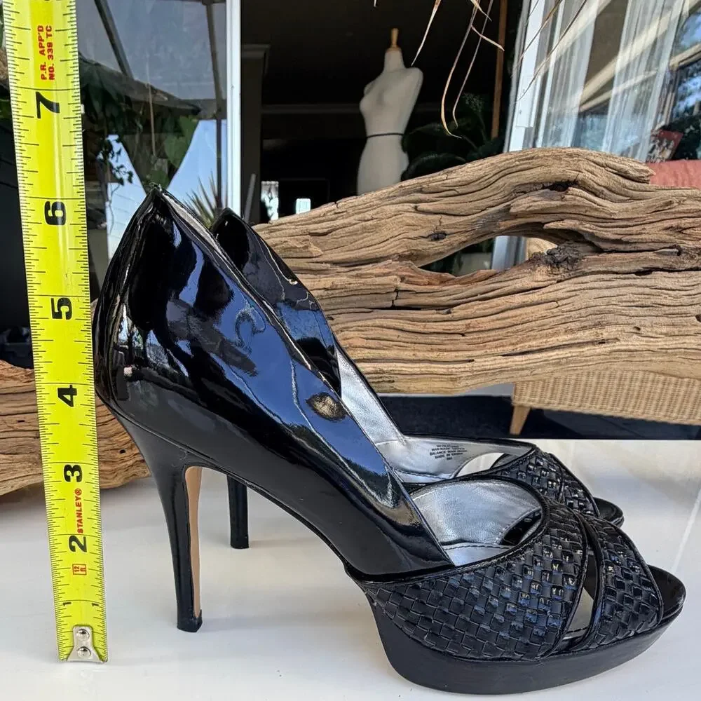 Marc Fisher Black Patent Leather Woven Platform Peep Toe Stiletto Heels Size 6